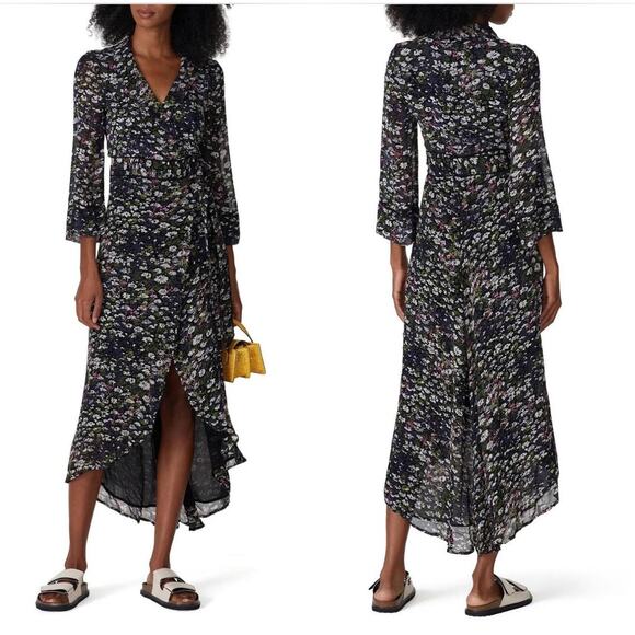 GANNI Black‎ Floral High Low Wrap Dress Womans 42 Large 10 / 12 - Picture 1 of 16